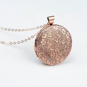 Floral Rose Locket Necklace for Photos, Long Necklace Locket, Rose Gold Lockets